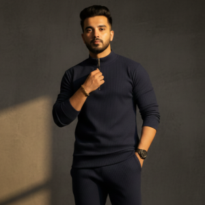 Premium Ribbed High Neck Long Sleeve T-Shirt for Men | Navy